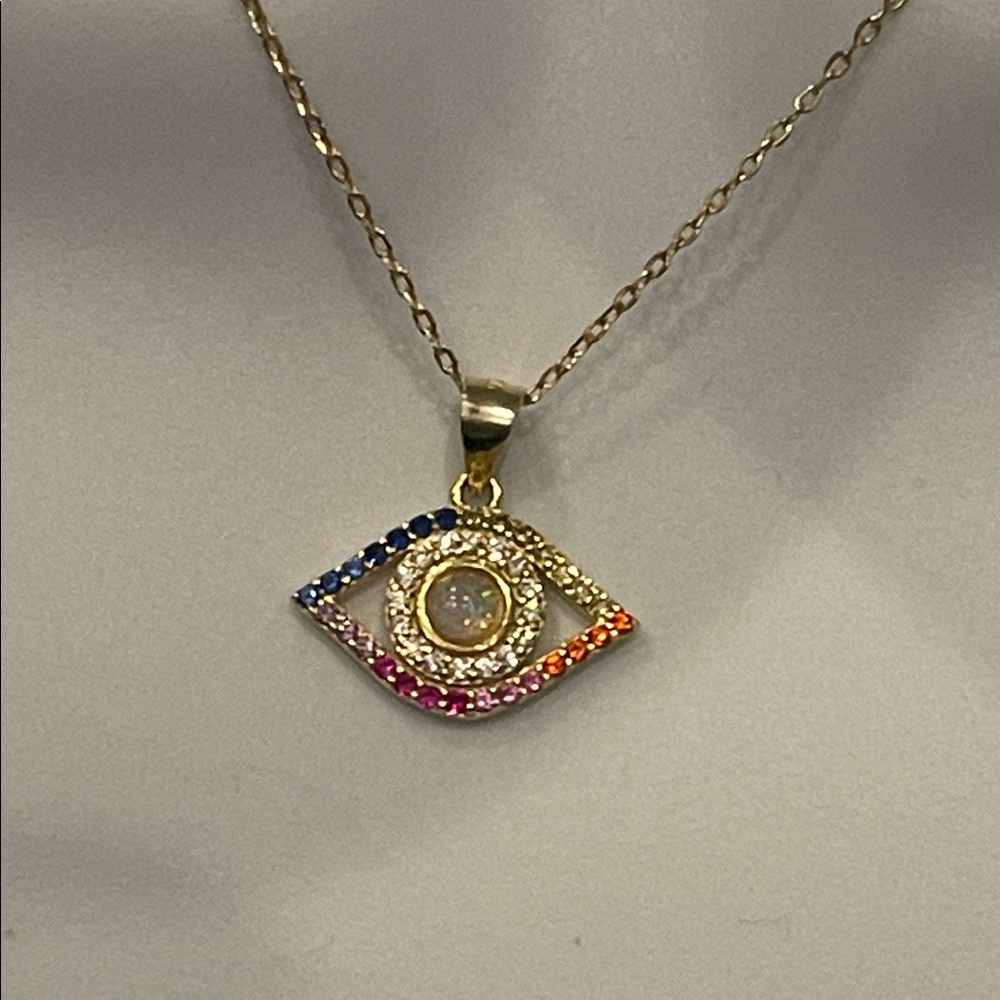 925 Sterling Silver Evil Eye Pendant Necklace plated in 14k yellow gold pendant